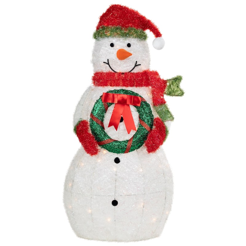 38" Lighted White Red Tinsel Snowman Wreath Outdoor Christmas decor