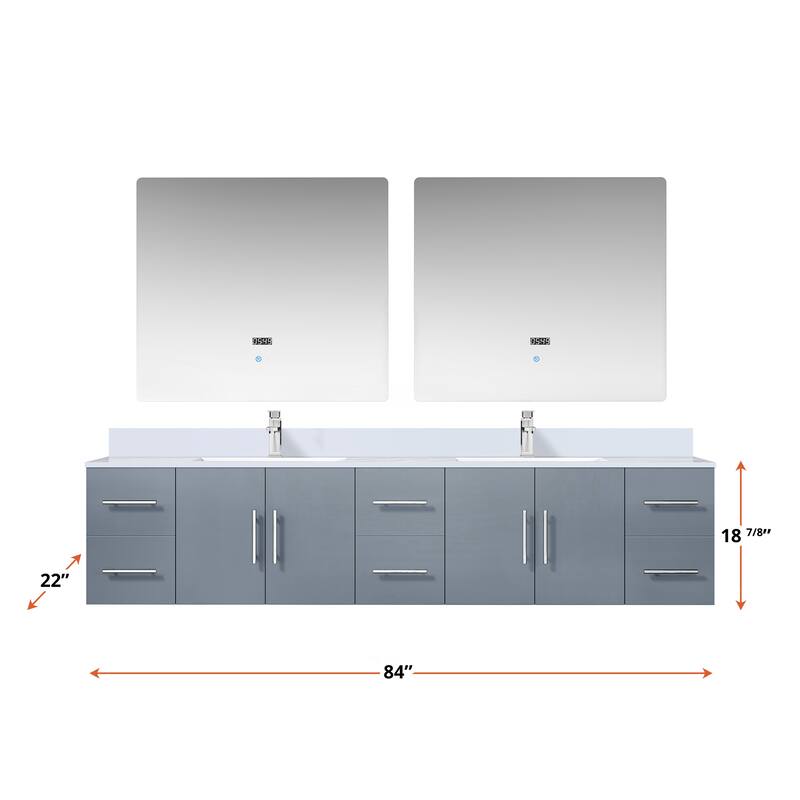 Geneva 84 in. W x 22 in. D Dark Grey Double Bath Vanity, White Quartz Top, and 36 in. LED Mirrors