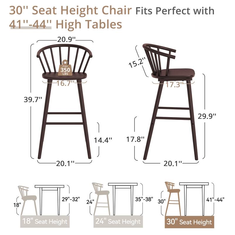 Set of 2 Counter Height 30.in Bar Stools with Solid Wood and Spindle Back for Kitchen Island