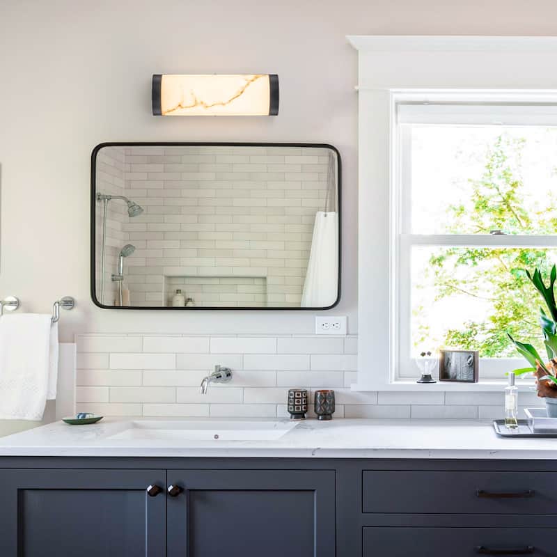 Black LED Wall Sconce Semi-Cylinder White Faux Alabaster Resin Shade