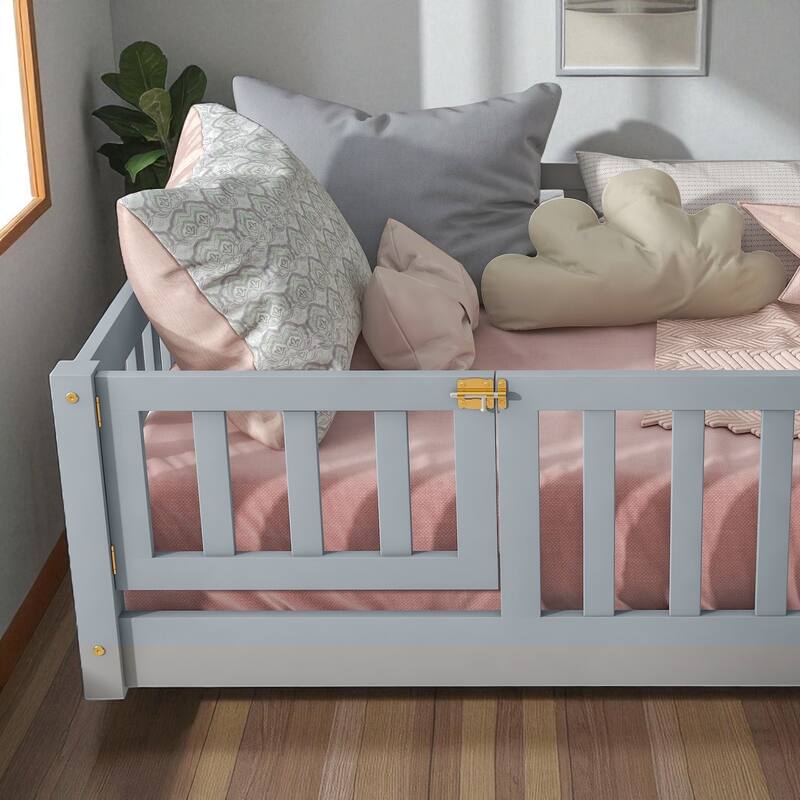 Twin Size Floor Bed with Fence and Door, Rubber Wood Frame with Safety Guardrails