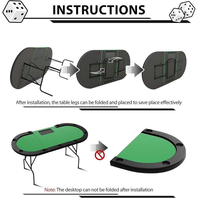 Oval Poker Table with Collapsible Legs, Casino Leisure Table for 10 Players, Blackjack Gaming Table with Water