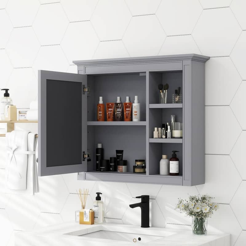 30'' x 28'' Wall Mounted Storage Cabinet for Bathroom,Mirror Cabinet with 3 Open Shelves