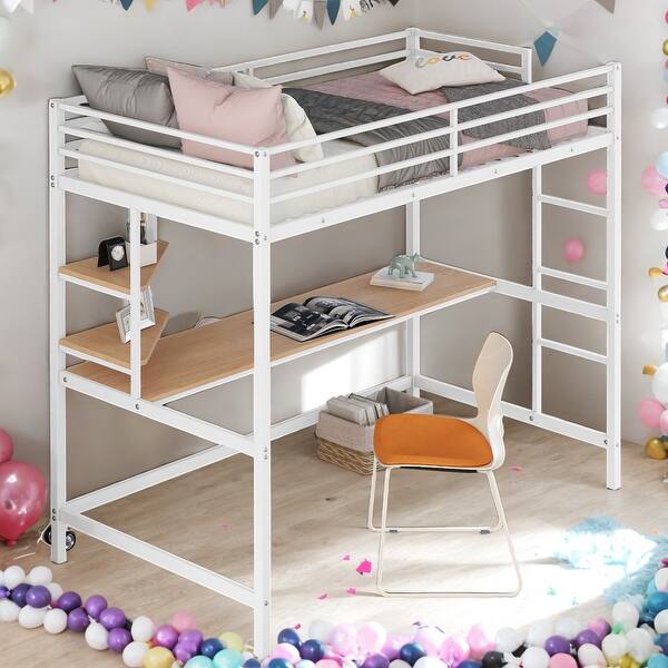 slide 2 of 9, Twin Size Loft Bed With Desk and Shelve,Solid Construction White