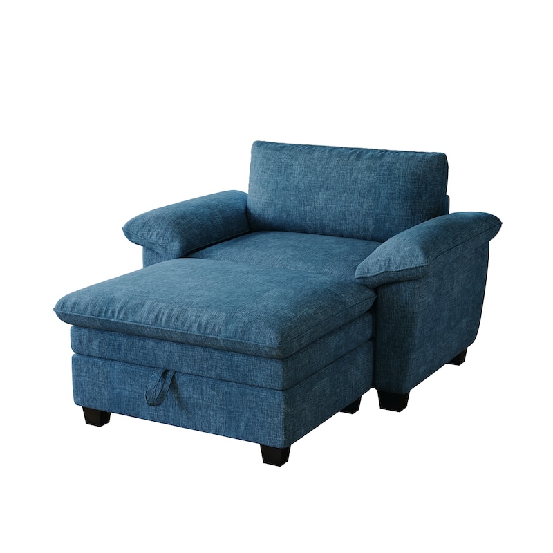 Oversize Chaise Lounge Chair with Ottoman and Storage, Upholstered in Soft Chenille