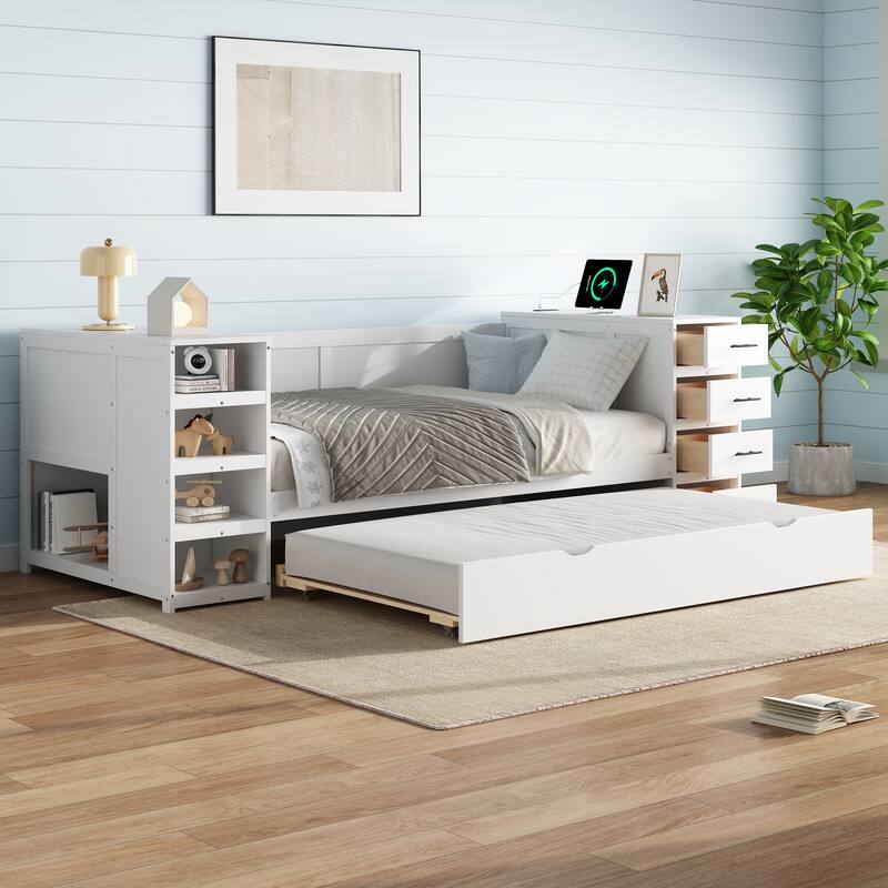 Multi-Functional Twin Size Daybed with Trundle, Side Shelves, Drawers & Built-in Charging Station - White