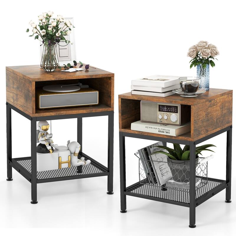 2 PCS 3-tier Wood Top End Table w/ Metal Frame Storage Cube & Mesh - See Details - See Details - Brown - MDF