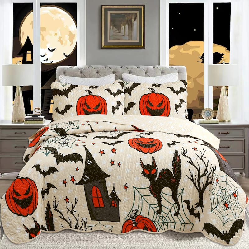 Twin/Full Size Halloween Themed Quilt Bedspread Set Pumpkins, Black Cats, Bats, Haunted Houses ME503 - Full
