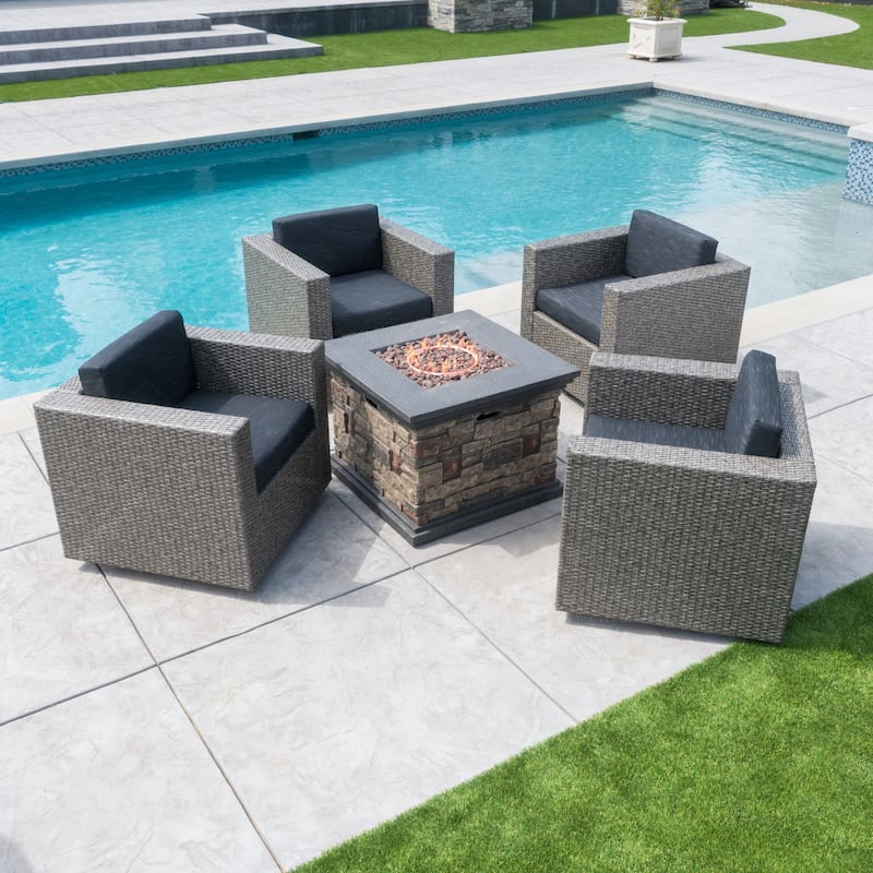 Puerta Outdoor 5-piece Wicker Chair and Square Stone Firepit Set by Christopher Knight Home