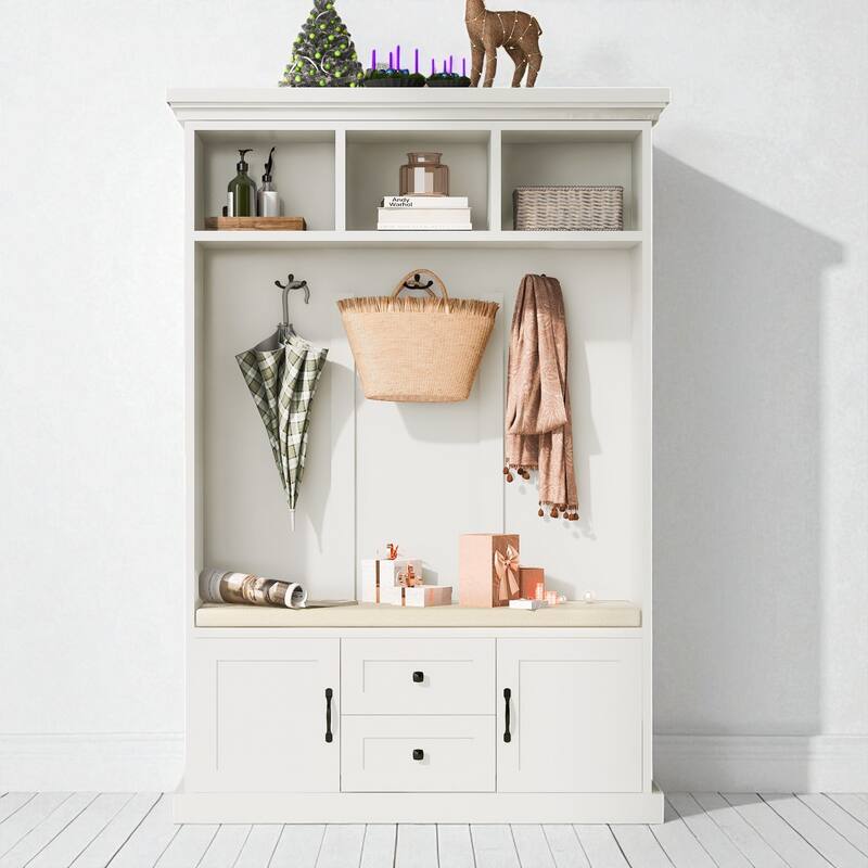 47.2" Hall Tree with Cushion Bench, 3 Hooks, 2 Drawers & 2 Cabinets, Entryway Coat Rack Storage Organizer - White