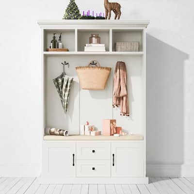 47.2" Hall Tree with Cushion Bench, 3 Hooks, 2 Drawers & 2 Cabinets, Entryway Coat Rack Storage Organizer