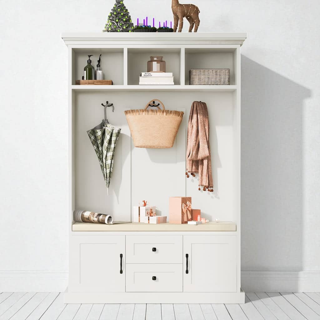 47.2" Hall Tree with Cushion Bench, 3 Hooks, 2 Drawers & 2 Cabinets, Entryway Coat Rack Storage Organizer