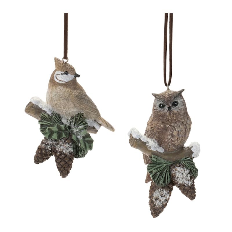 Cardinal and Owl Christmas Ornaments - 4" - 12ct