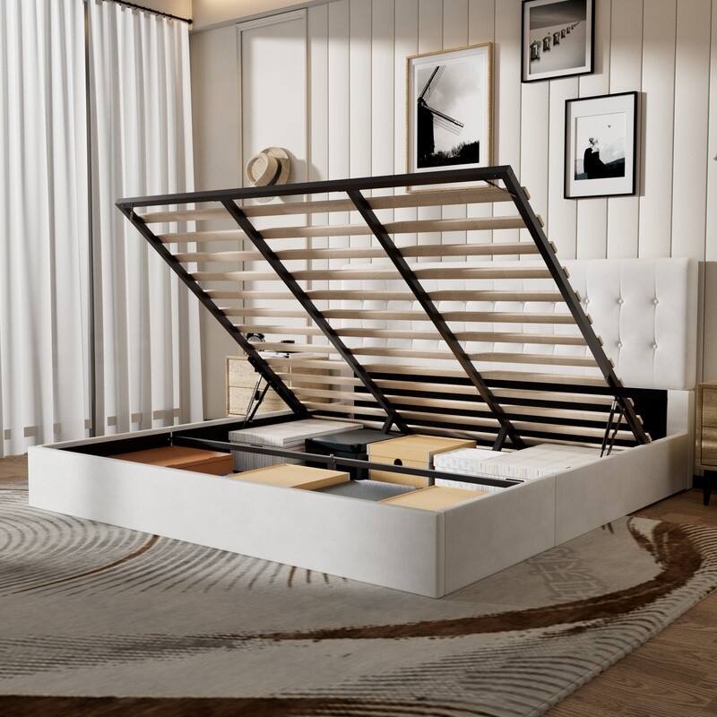 Plywood Frame Upholstered Platform Bed with Lift-up Storage