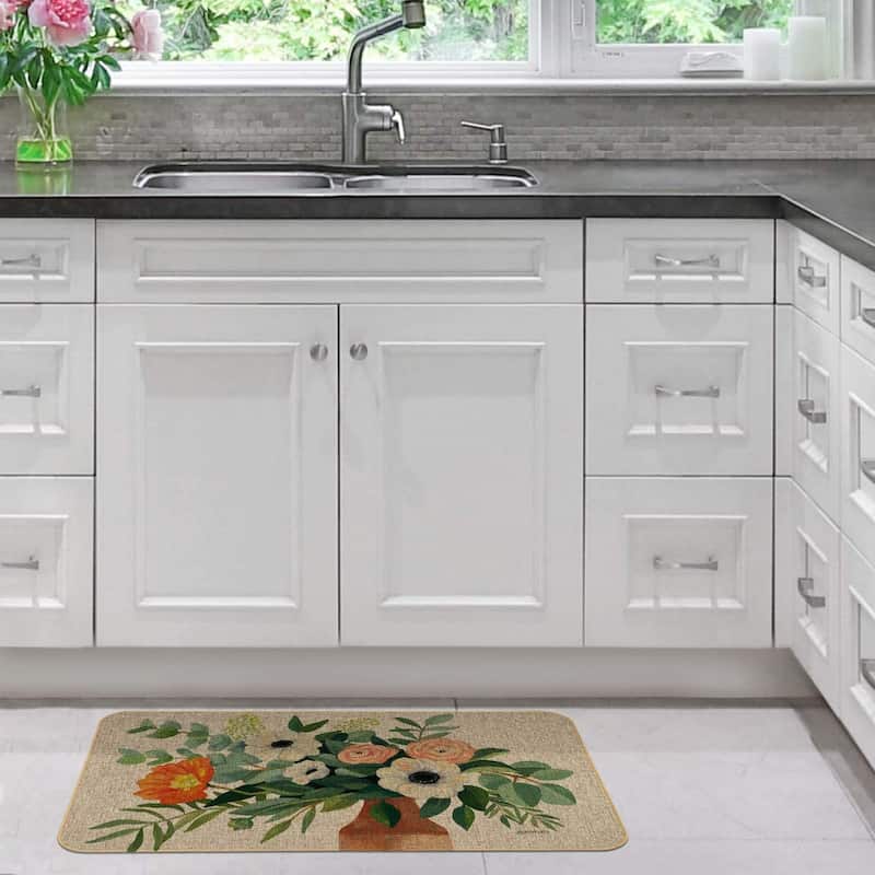 Natural Linen Look Decorative Low Profile Indoor/Outdoor Floor Mat with Recycled Rubber Back, Fresh Poppies, 29.5" x 17.75".
