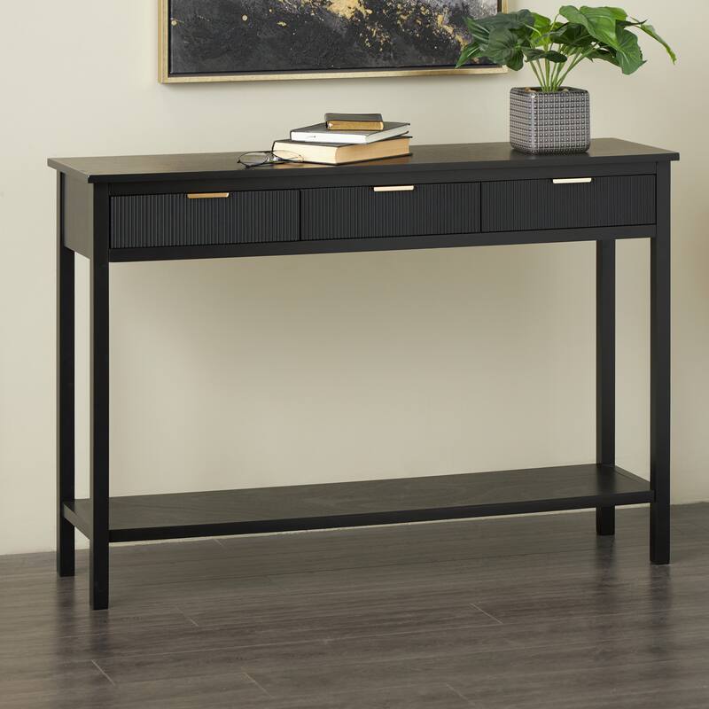 Black Wooden Handmade 3 Drawers Living Room Console Table with Gold Handles - Black