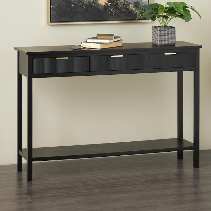 Wooden Handmade 3 Drawers Living Room Console Table with Gold Handles - Black - Roche River Decor