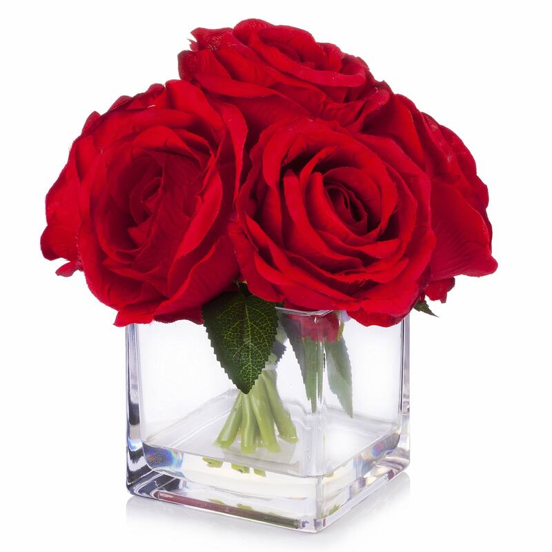 Enova Home 7 Stems Large Artificial Silk Roses Fake Flowers Arrangement in Cube Glass Vase for Home Office Wedding Decoration - Red