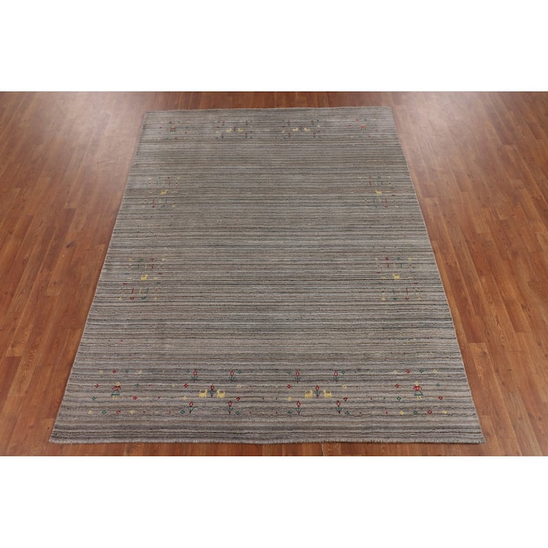 Striped Tribal Gabbeh Area Rug Hand-Knotted Multi-Color Wool Carpet - 6'1"x 7'11"