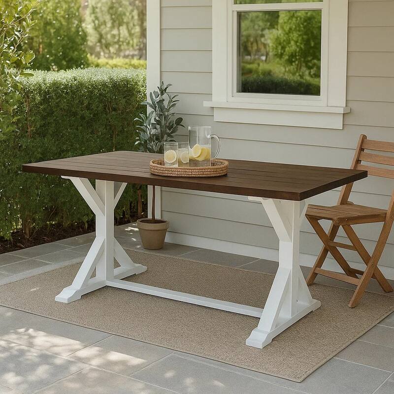 Indoor/Outdoor Dining Table, 69 Inch Brown Rectangular Wood Top, White