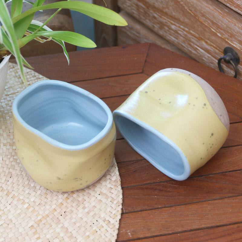 Novica Handmade Yellow Squeeze Ceramic Teacups (Pair)