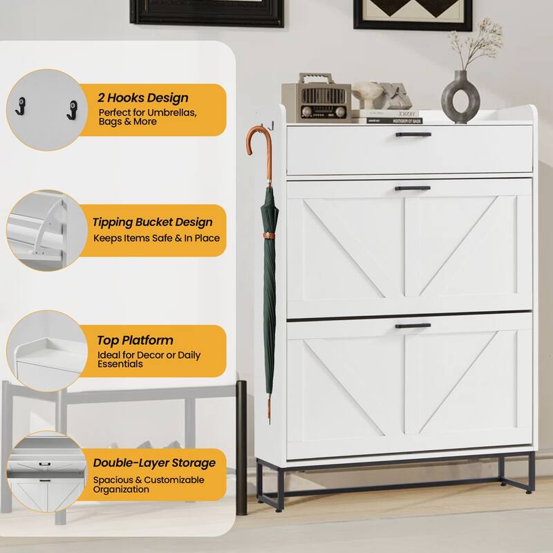 EROMMY Farmhouse Freestanding Shoe Cabinet with 2 Flip Drawers, Large Entryway Storage with Adjustable Shelves and Side Hooks