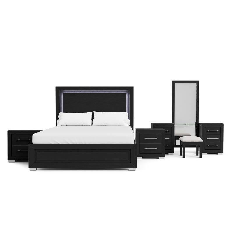 Furniture of America Alaric Modern Black Solid Wood 4-Piece Bedroom Set with 69-inch Makeup Vanity and 2 Nightstands