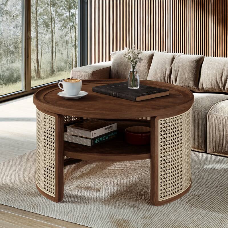 2-Tiered Round Coffee Table with Curved-Edge Top & Rattan Base, Boho Wood Center Table with Storage Shelf for Living Room