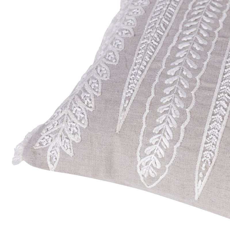 16" X 24" Taupe Linen Botanical Floral Lumbar Throw Pillow Cover with Embroidery