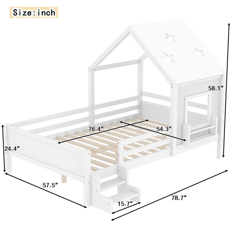 Full House Beds with Low-Profile Stairs and a Window, Solid Wood House Platform Bed with a Bookcase Design