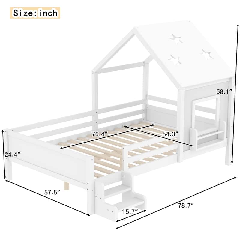 Low Profile Stairs Platform Bed Wood House Bed with Cute Star-shape Roof, Window, Bookcase and Blackboard for Boys and Girls