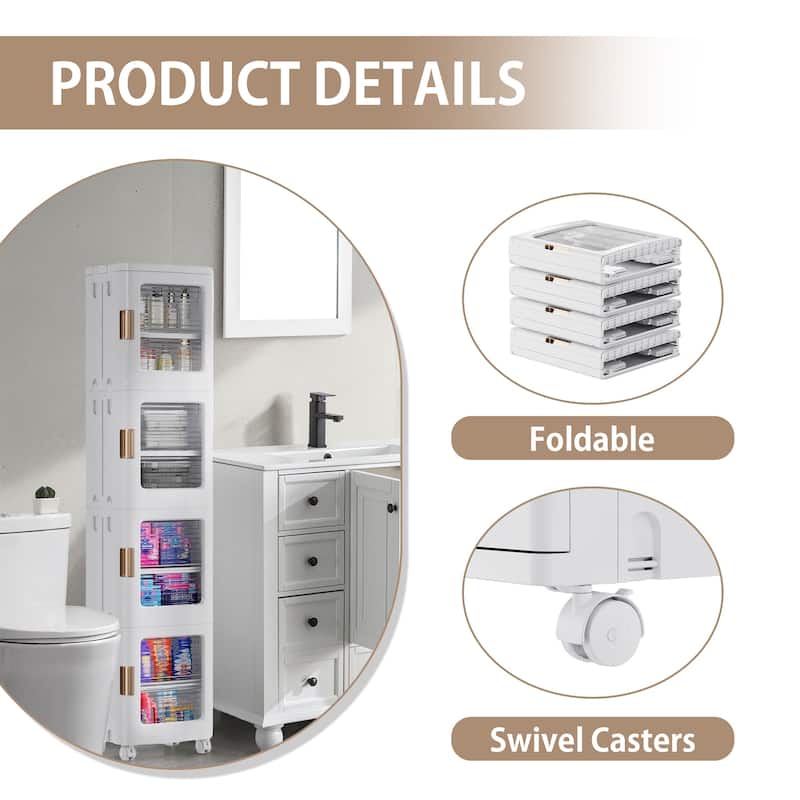 Foldable Slim Rolling Storage Cabinet with Doors, 4-Tier Plastic Organizer Tower with Wheels for Bathroom or Kitchen