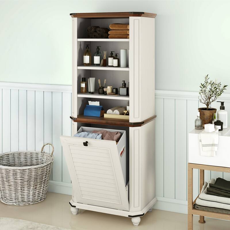 Moasis Farmhouse 4-Tier Storage Cabinet with Tilt Out Laundry Hamper and 2 Adjustable Shelves - White