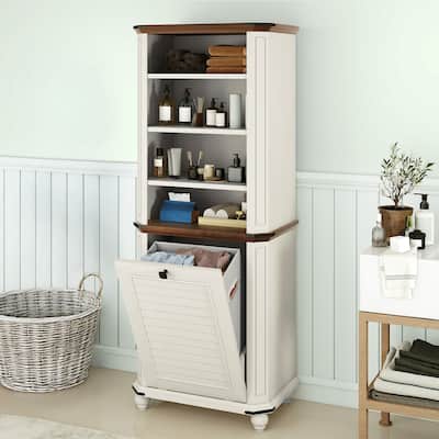 Moasis Farmhouse 4-Tier Storage Cabinet with Tilt Out Laundry Hamper and 2 Adjustable Shelves