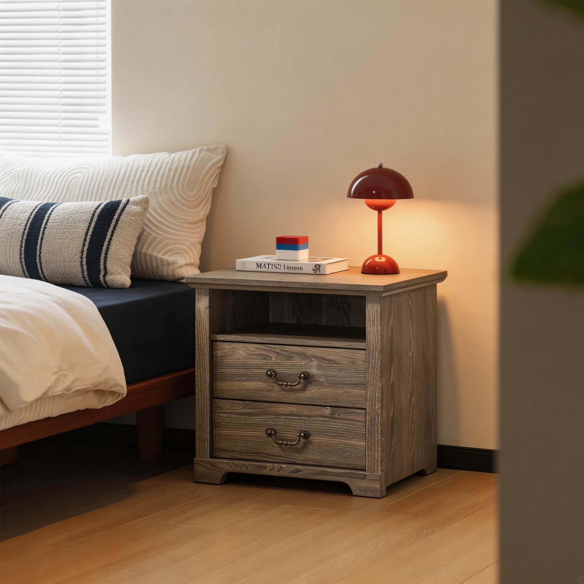 Rustic Dark Gray Nightstand Bedside Table with Open Shelf and 2 Drawers