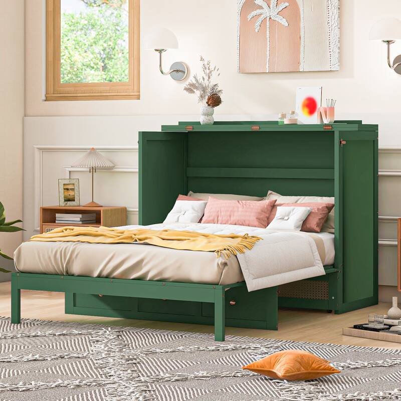 Roomfitters Full Size Murphy Bed with Large Storage Drawer and Rattan Design - Green
