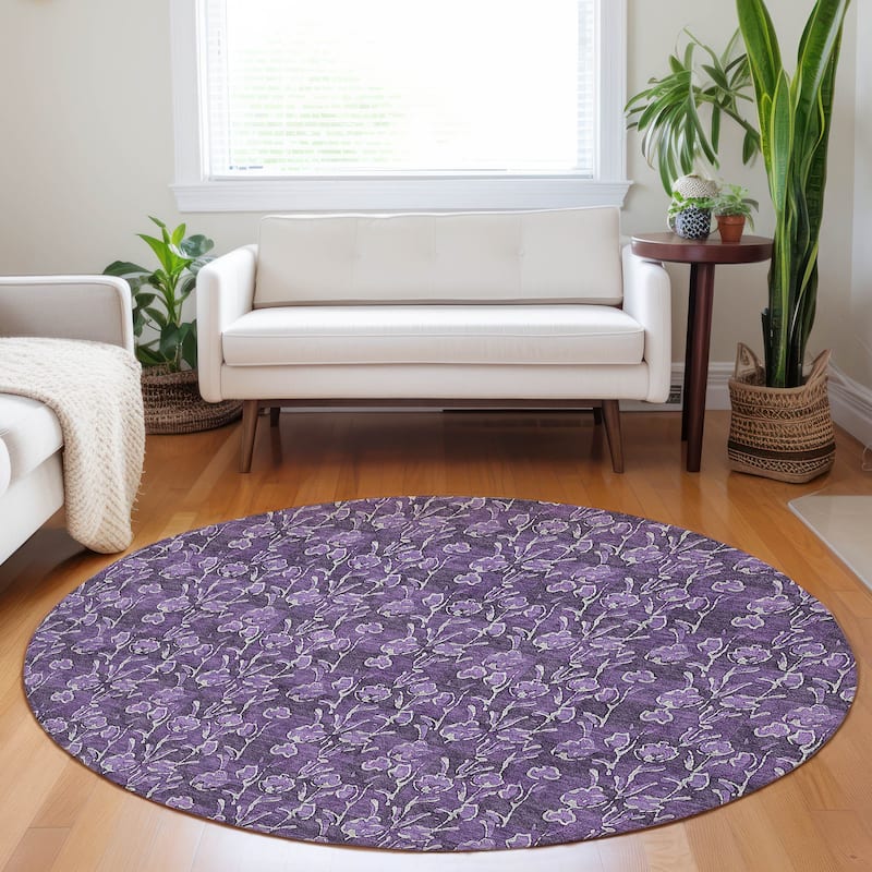 Machine Washable Indoor/ Outdoor Chantille Modern Floral Impressions Rug - Purple - 8' x 8'