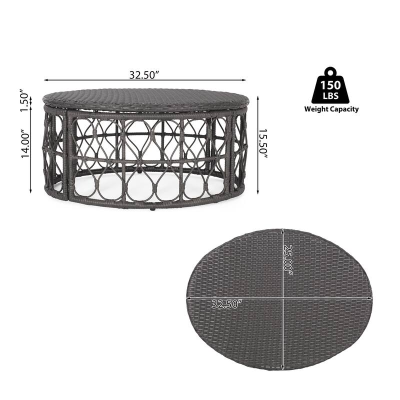 Roomfitters Bruce Outdoor Wicker Coffee Table with Looped Design, Boho Patio Centerpiece Table, Grey