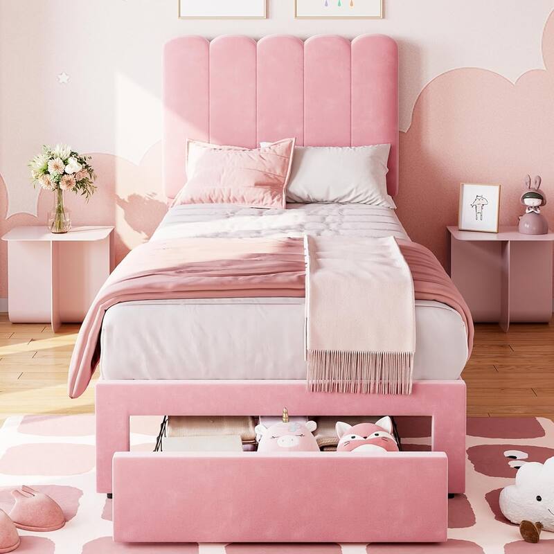 Twin Bed Frame with Storage Drawer and Headboard