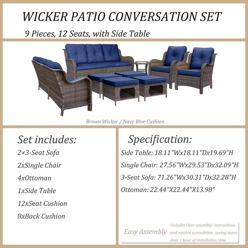 9 Piece Wicker Outdoor Patio Furniture Seating Sofa Conversation Sets