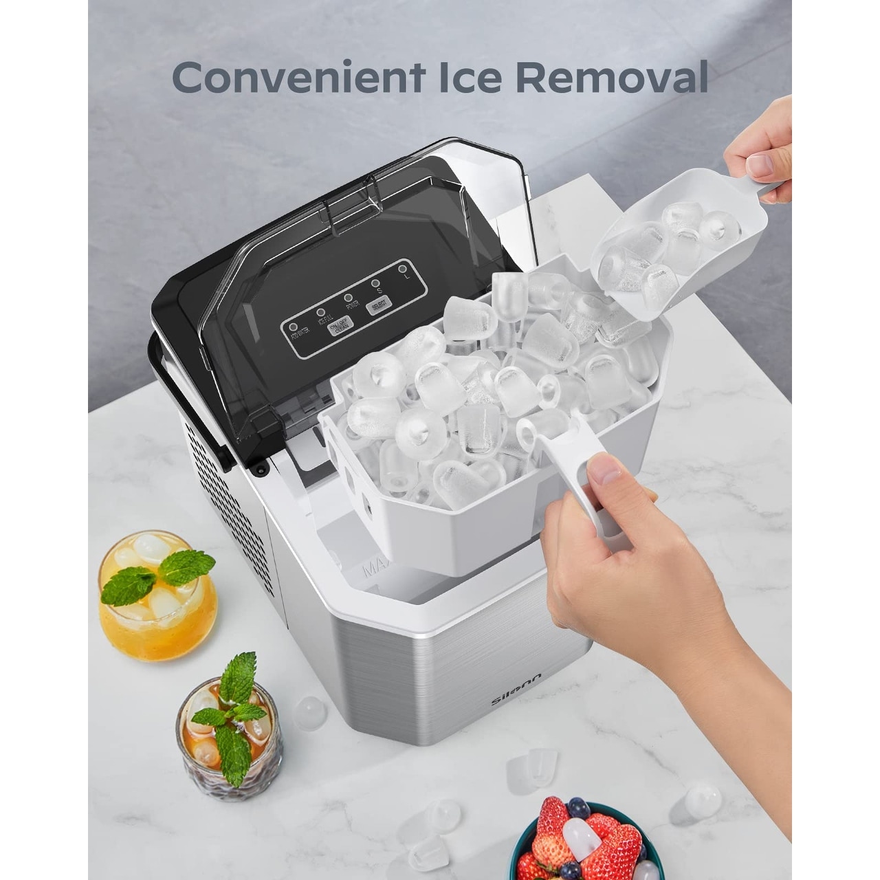 Silonn Ice Makers Countertop, 9 Cubes Ready in 6 Mins, 26lbs in 24Hrs, Self-Cleaning  Ice Machine with Ice Scoop and Basket (Stainless Steel)