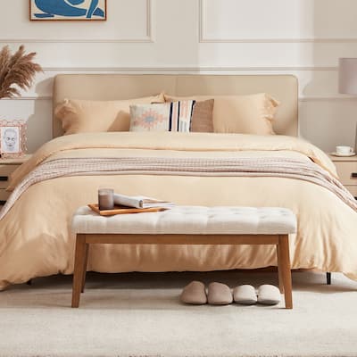 Button-Tufted Bench for End of Bed, Entryway Bench Beige/ Black/ Brown Solid Wood, Leather, Fabric 44-inch
