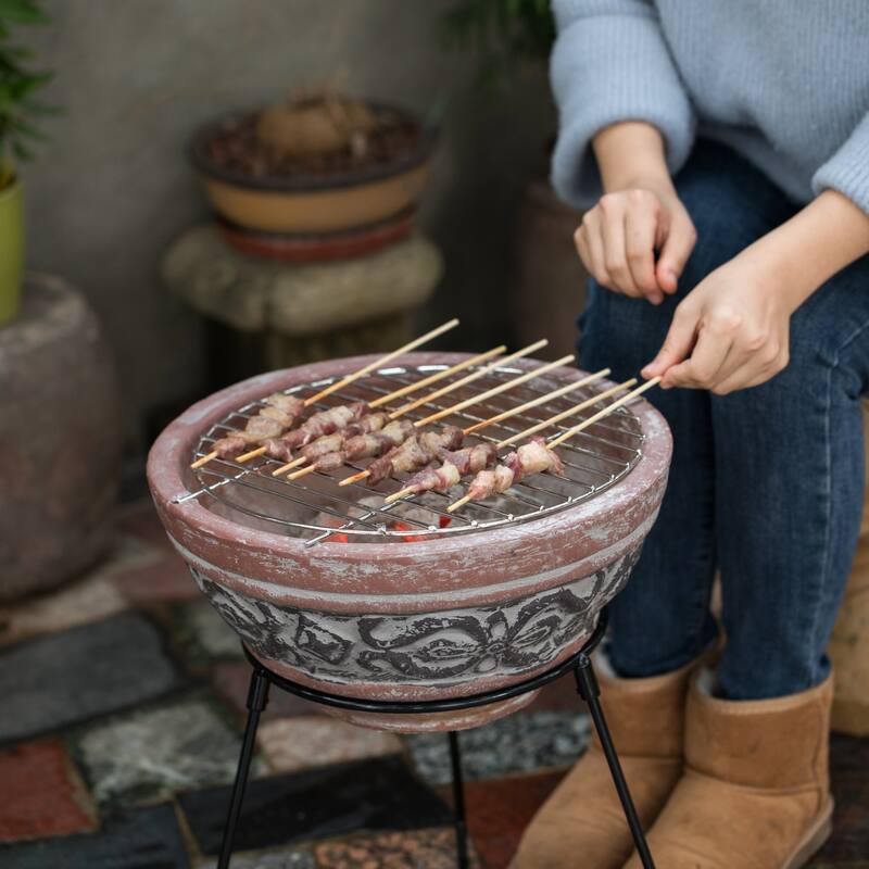 Outdoor Small Red and Gray Clay Grill Accent Design Charcoal Burning Fire Pit with Sturdy Metal Stand, Barbecue, Cocktail Party