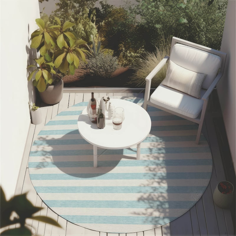 Machine Washable Indoor/ Outdoor Cabana Striped Chantille Rug - Sky - 8' x 8'
