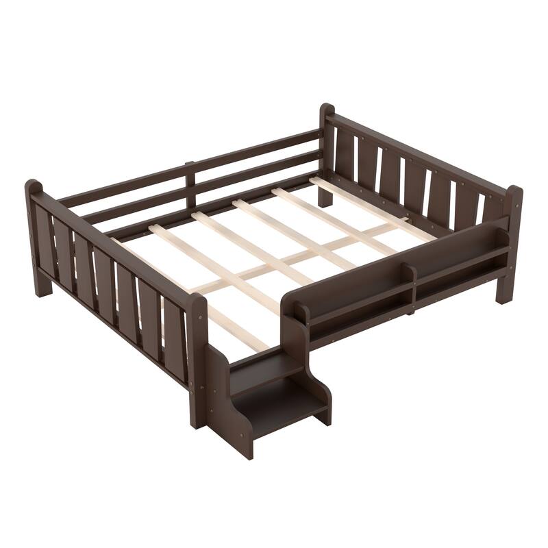 Full/Twin Floor Bed with Storage Bookcases & Cute Stairs - Solid Wood Kids Bed, No Box Spring