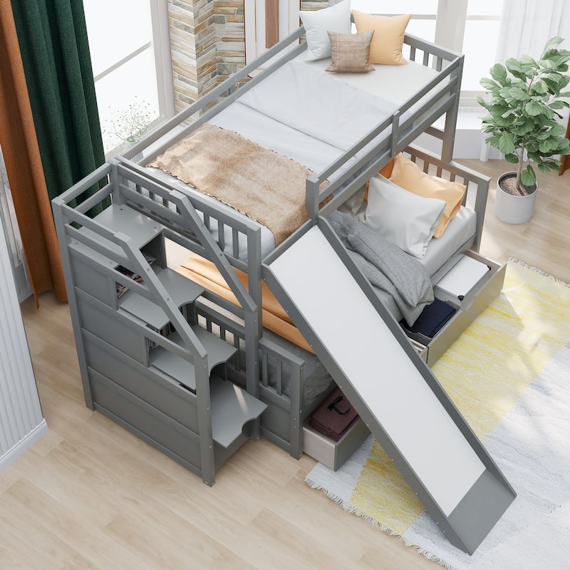 Roomfitters Twin over Full Bunk Bed with Storage, Drawers and Slide, Multifunctional Design