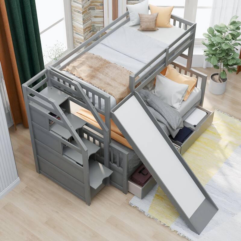 Twin Over Full Bunk Bed, Multi-Function Kids Bunkbed with Slide, 2 Drawers & Storage Stairs, Wooden Staircase Bunkbeds Frame