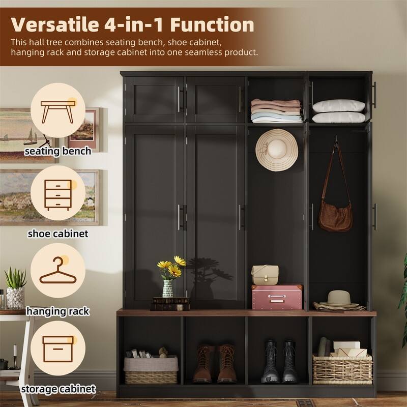 Farmhouse Hall Tree with 4 Hidden Hanging Hooks, Versatile Entryway Bench with 8 Doors, Shoe Cabinet with Open Compartments