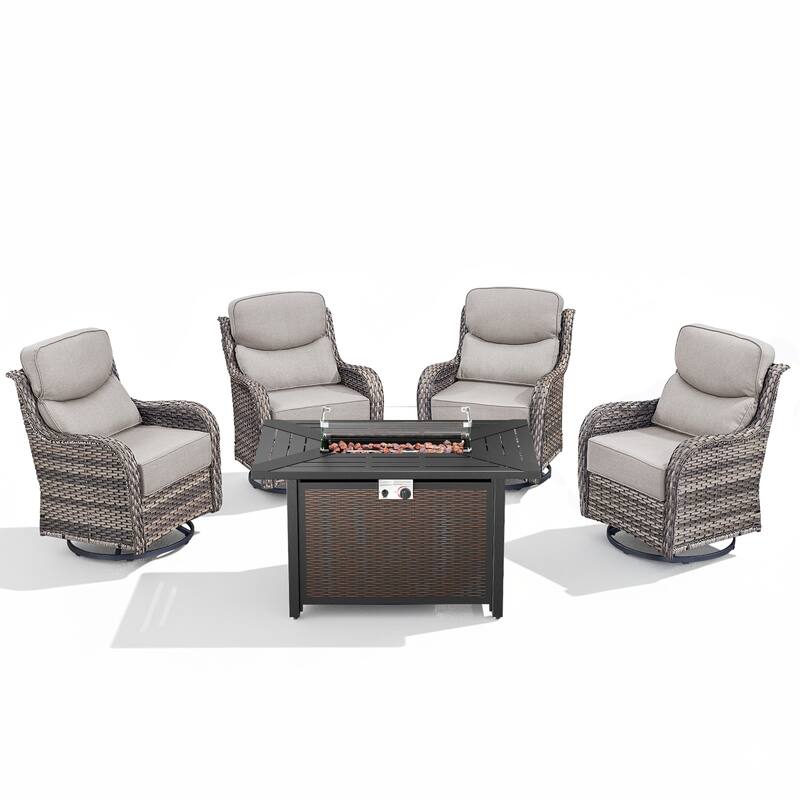 Arcadia 5-Piece Wicker Patio Set with 4 Swivel Glider Chairs and All-Iron Fire Pit
