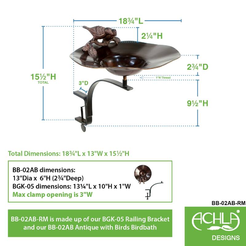 Achla Designs Antiqued Birdbath w/Birds and Rail Mount Bracket, 15.5 Inch Tall, Antique Patina